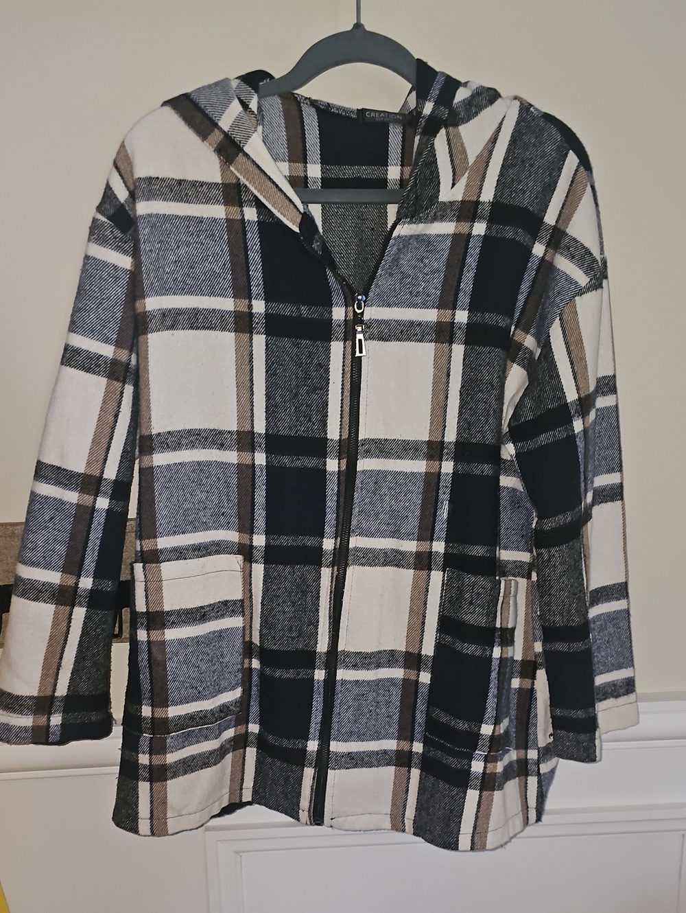 Kids Plaid Hooded Zip Jacket - Cream, Black & Brown